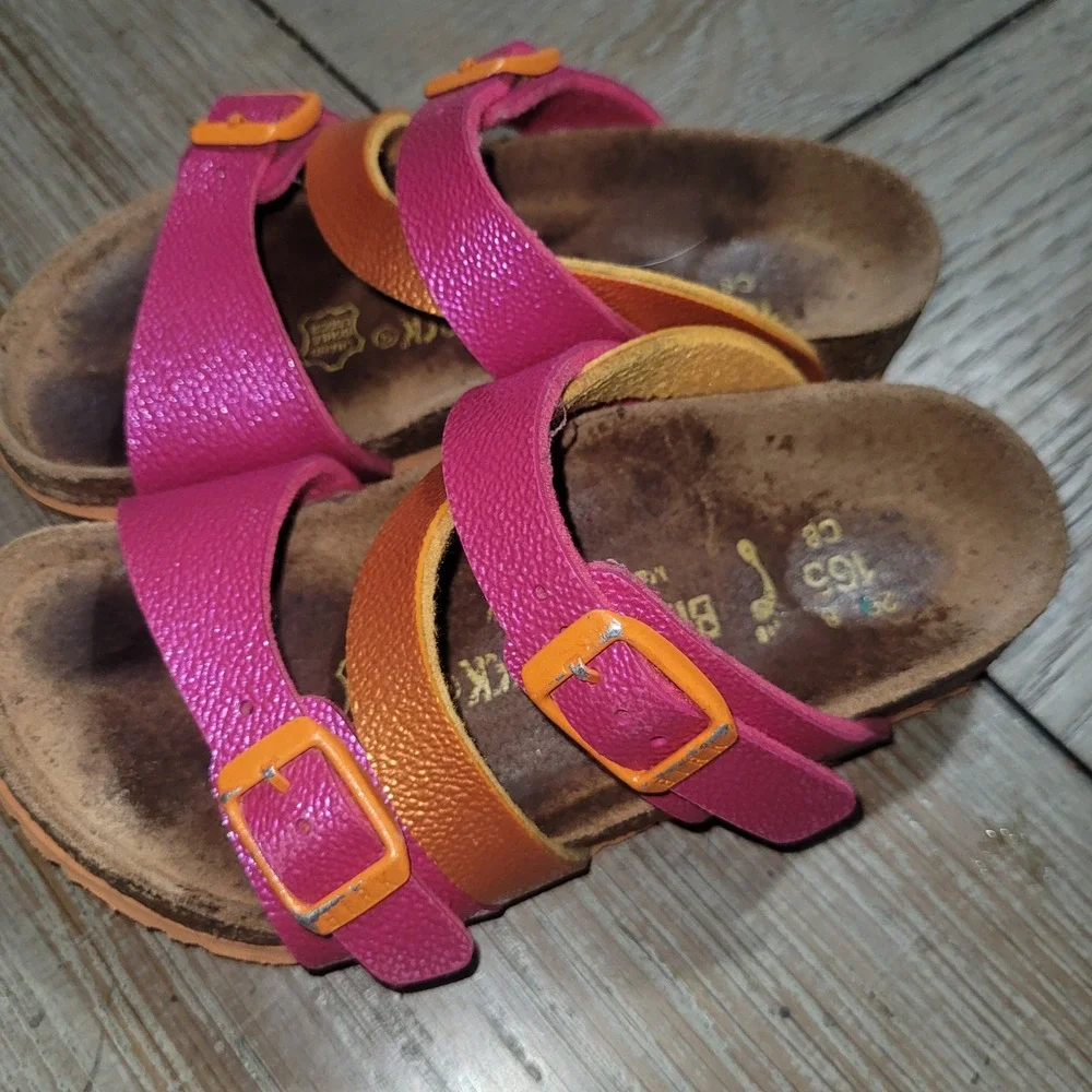Birkenstock Franca Kids Sandals Pink Orange Metallic Strappy Slide Size 26 US 8